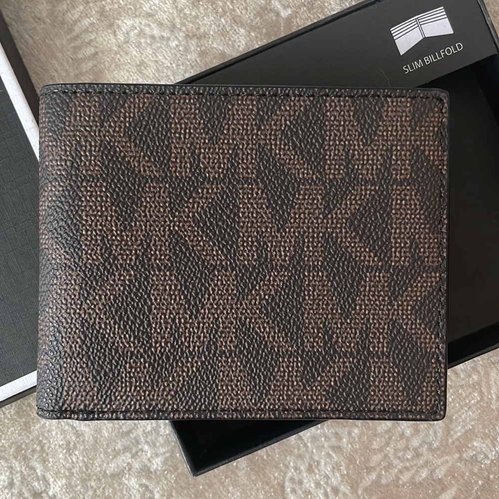 Brand New Michael Kors Jet Set Men’s Slim Billfold Brown & Black Logo Wallet - Picture 5 of 15